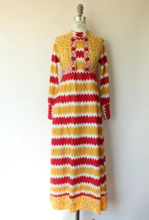 Vintage 1970s Red and Yellow Cotton Boho Maxi Dress