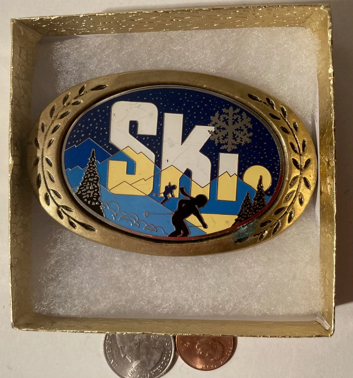 Vintage 1980 Metal Belt Buckle, Brass, Ski, Skiing, Snow, Nice Western Design, 3 1/2" x 2 1/4", Heavy Duty, Quality, Thick Metal, For Belts