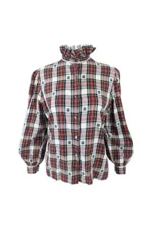 Vintage 1980s Red, White & Green Tartan Check Ruffle Shirt