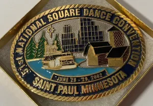 Vintage 2002 Metal Belt Buckle, 51st National Square Dance Convention, Saint Paul, Minnesota, Nice Western Design, 4" x 2 3/4", Heavy Duty