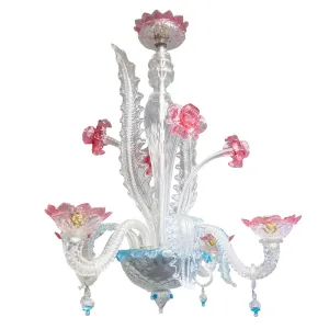 Vintage 20th Century Four-Light Pink and Blue Murano Glass Chandelier