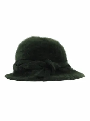 Vintage 80s Bohemian Dark Forest Green Fuzzy Angora Fitted Brimmed Fedora Hat with Tie Detail