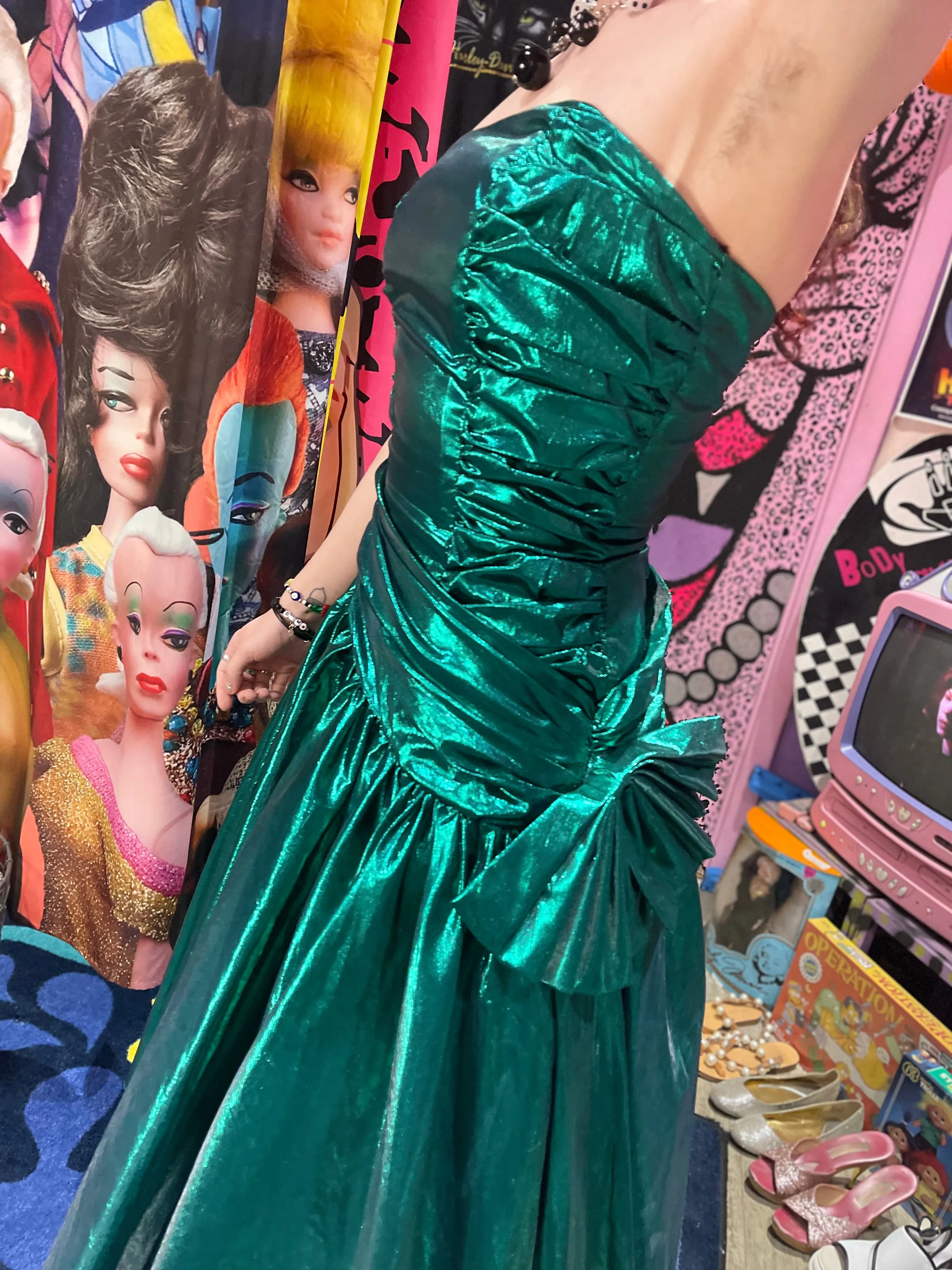 Vintage 80s Metallic Emerald Green Asymmetrical Party Dress