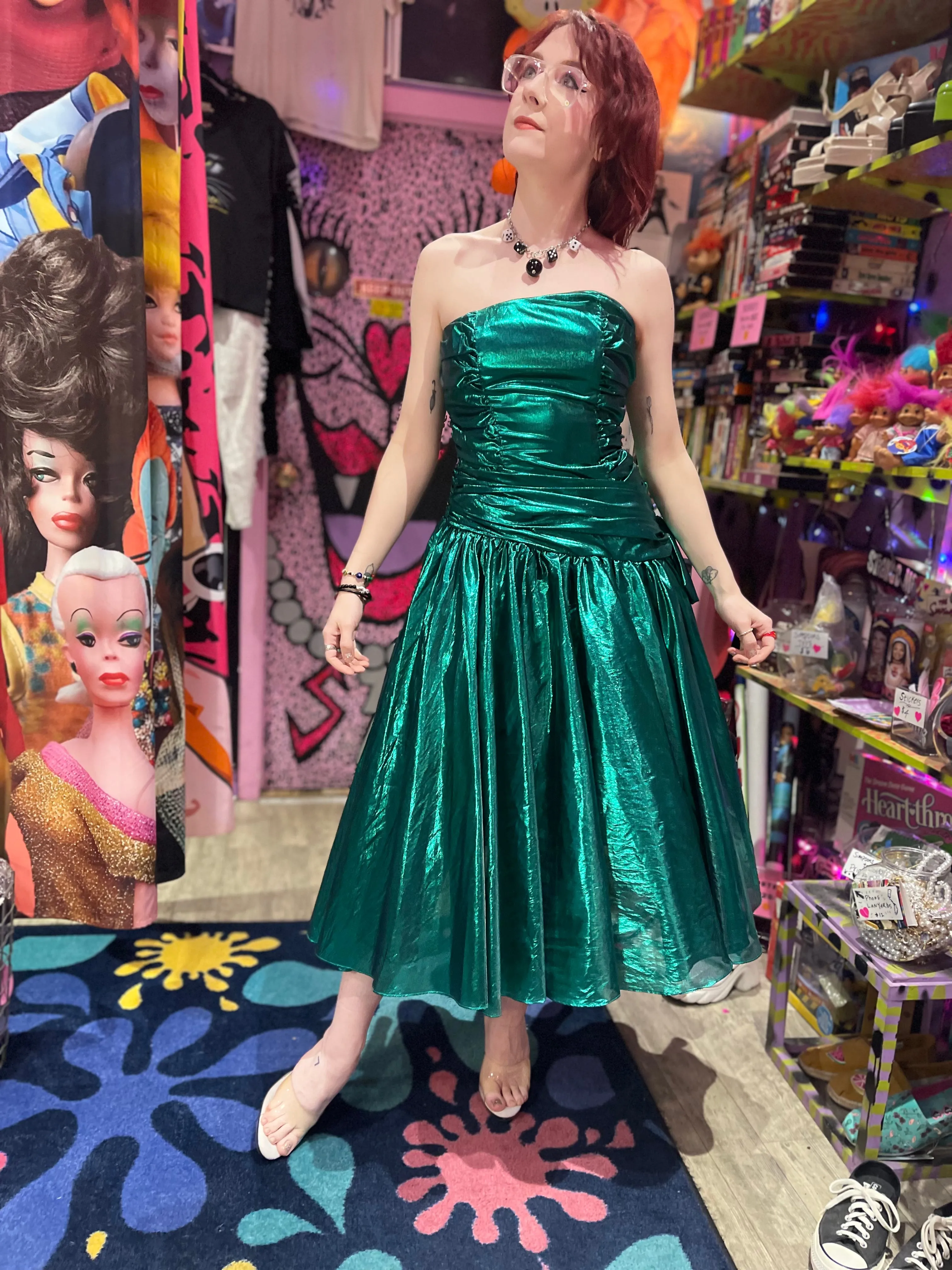 Vintage 80s Metallic Emerald Green Asymmetrical Party Dress