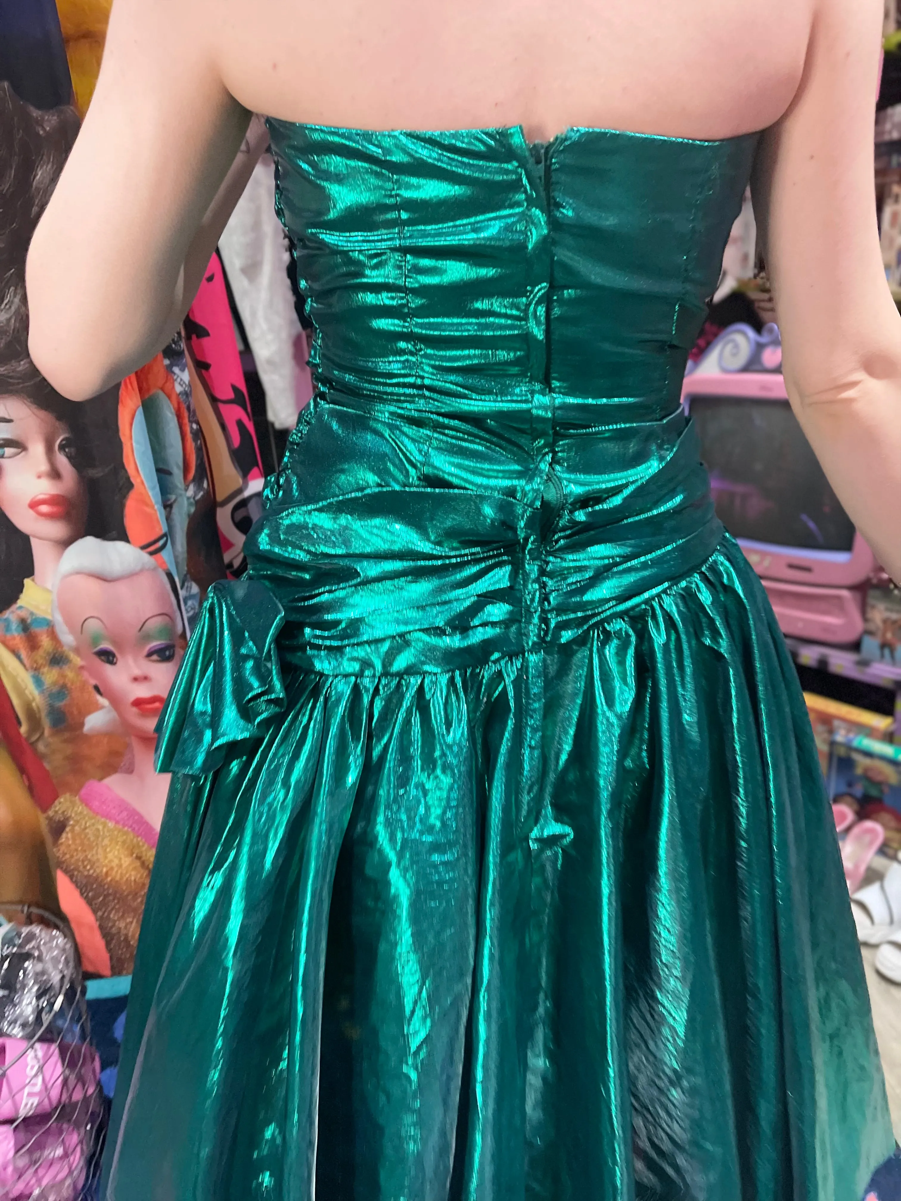 Vintage 80s Metallic Emerald Green Asymmetrical Party Dress