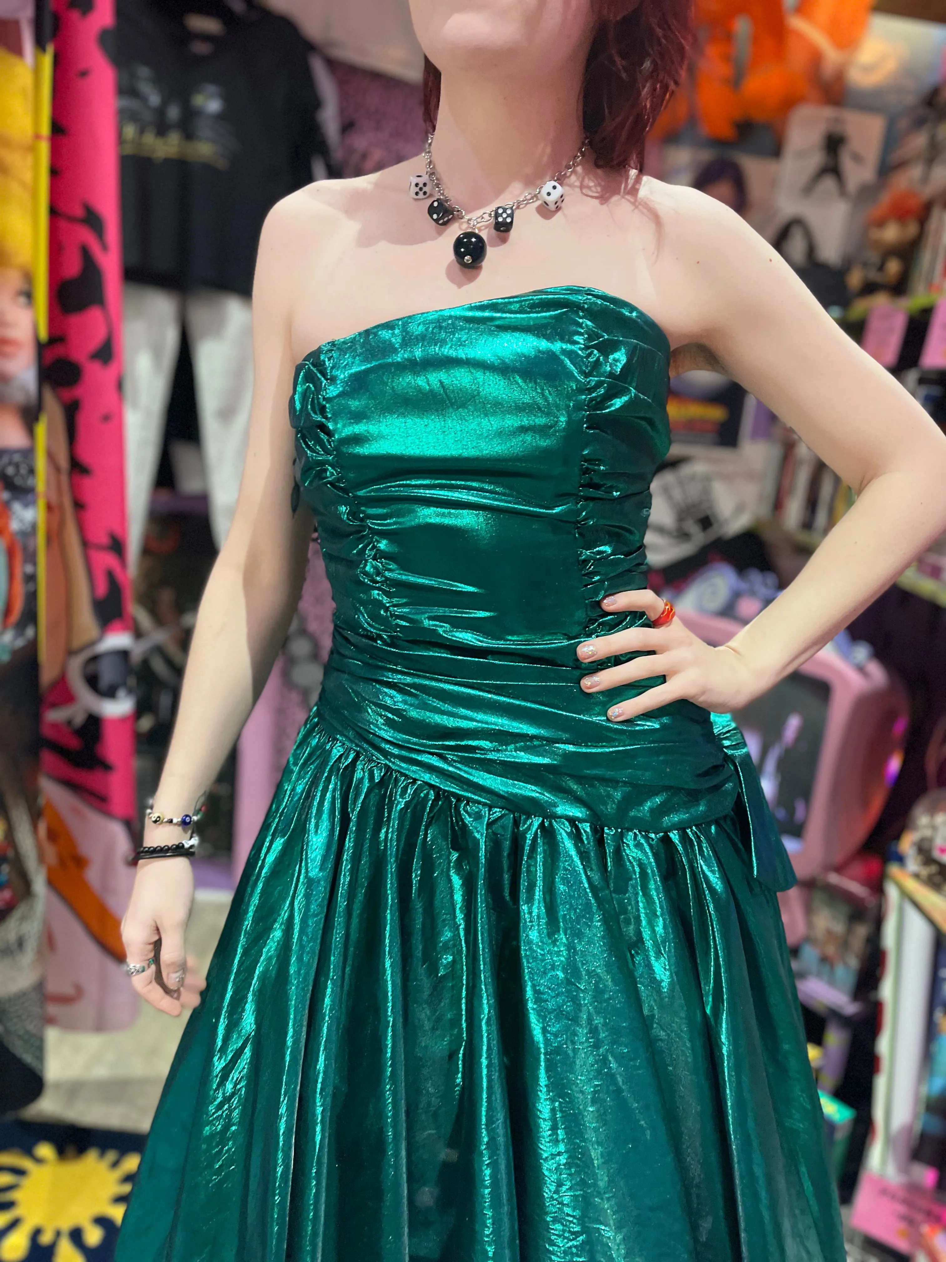 Vintage 80s Metallic Emerald Green Asymmetrical Party Dress