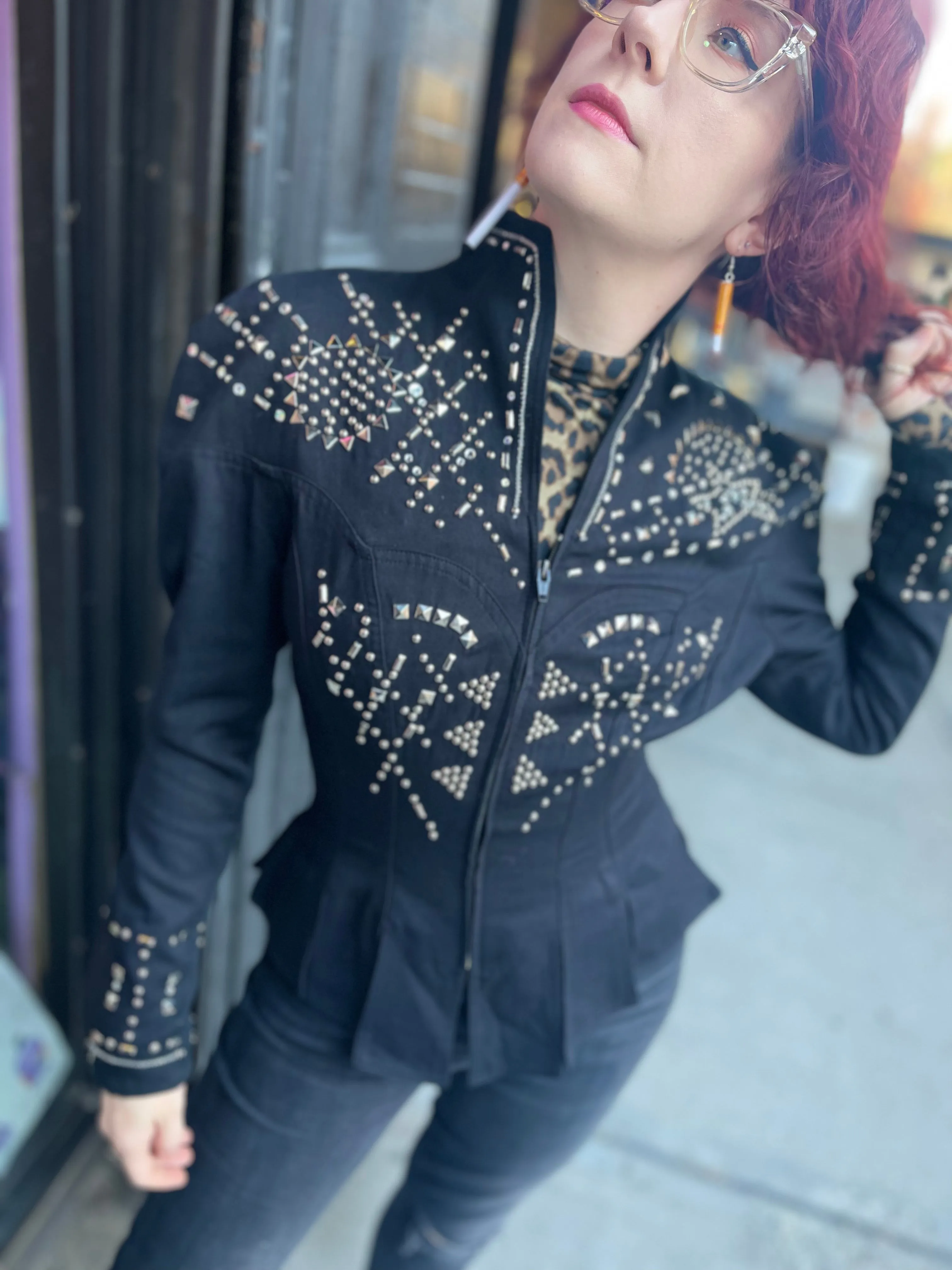 Vintage 90s Bedazzled Silver Studded Black Jacket