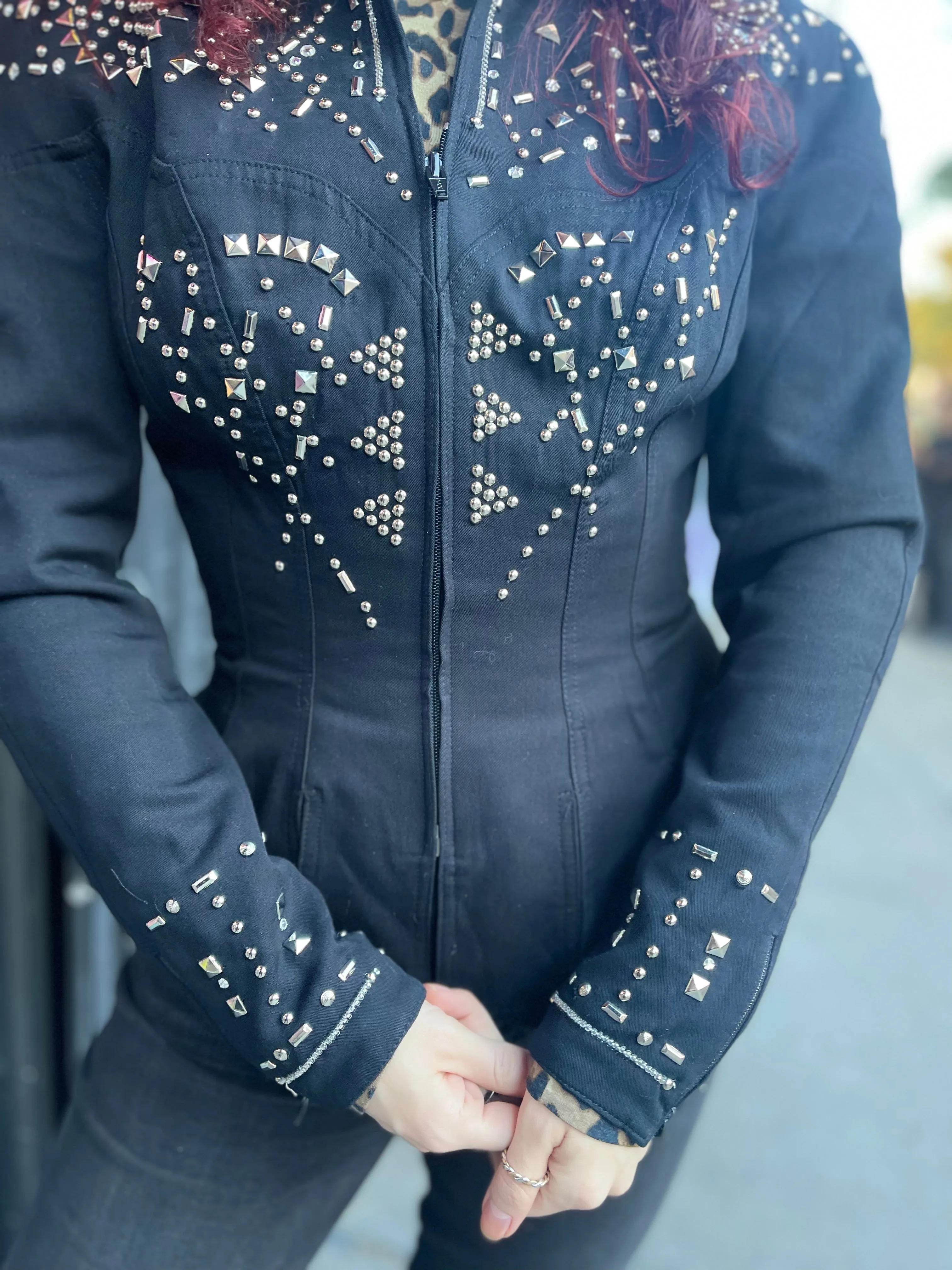 Vintage 90s Bedazzled Silver Studded Black Jacket