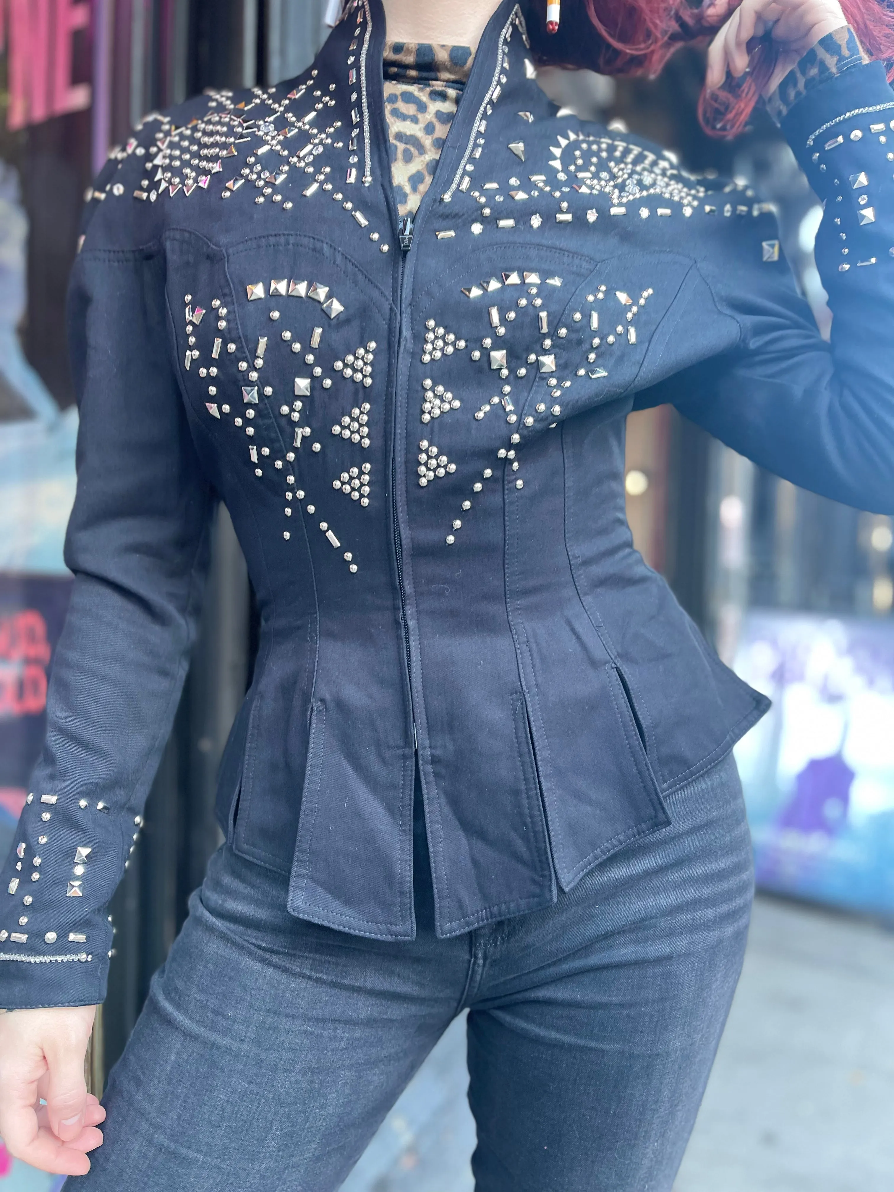 Vintage 90s Bedazzled Silver Studded Black Jacket