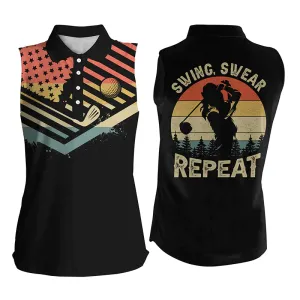 Vintage American flag Womens sleeveless polo shirt, swing swear repeat, golfing gifts for women