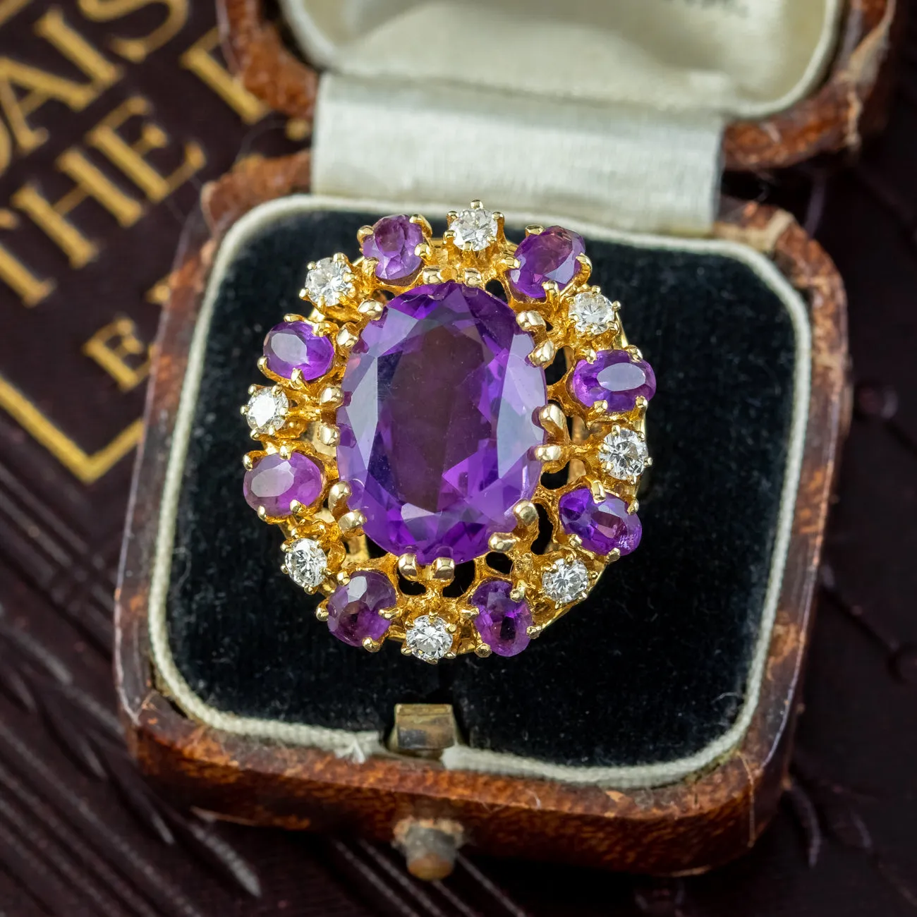 Vintage Amethyst Diamond Cluster Cocktail Ring 10ct Amethyst