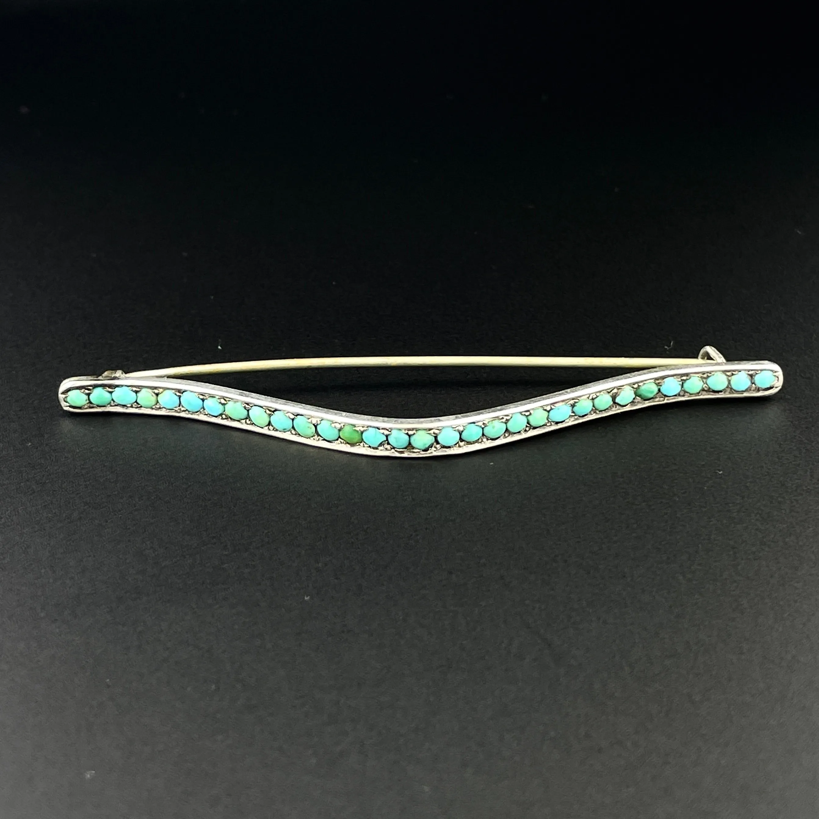 Vintage Art Deco Silver Turquoise Scarf Brooch Pin