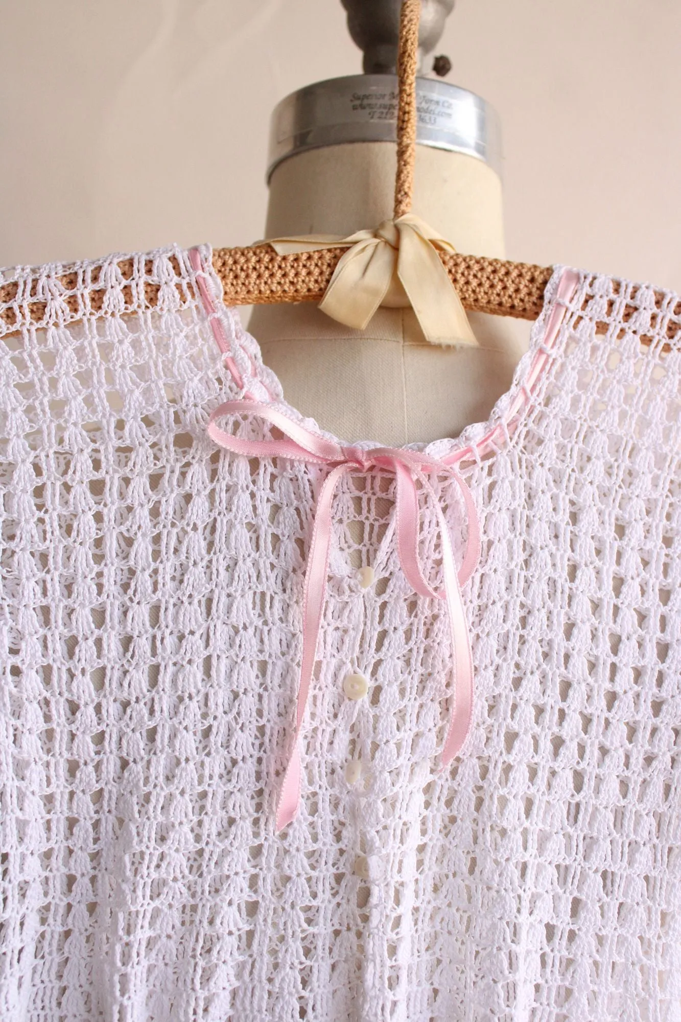 Vintage Baby Dress, White Crochet with Pink Ribbon Trim