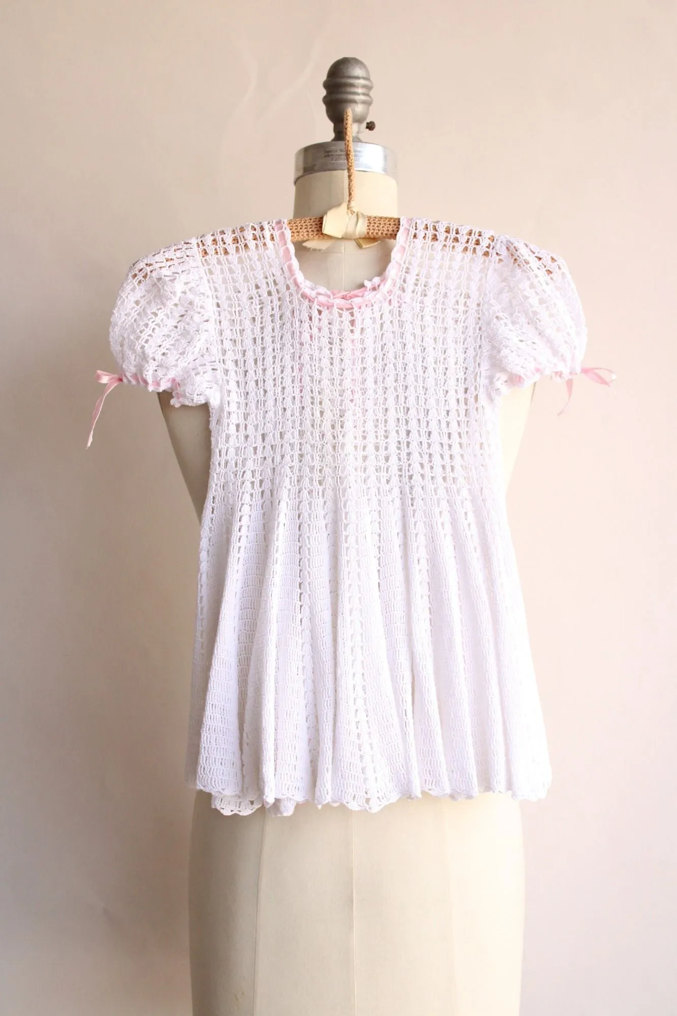 Vintage Baby Dress, White Crochet with Pink Ribbon Trim