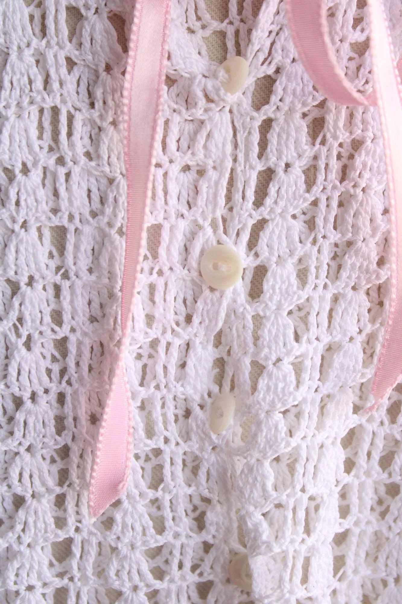 Vintage Baby Dress, White Crochet with Pink Ribbon Trim