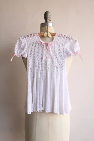 Vintage Baby Dress, White Crochet with Pink Ribbon Trim