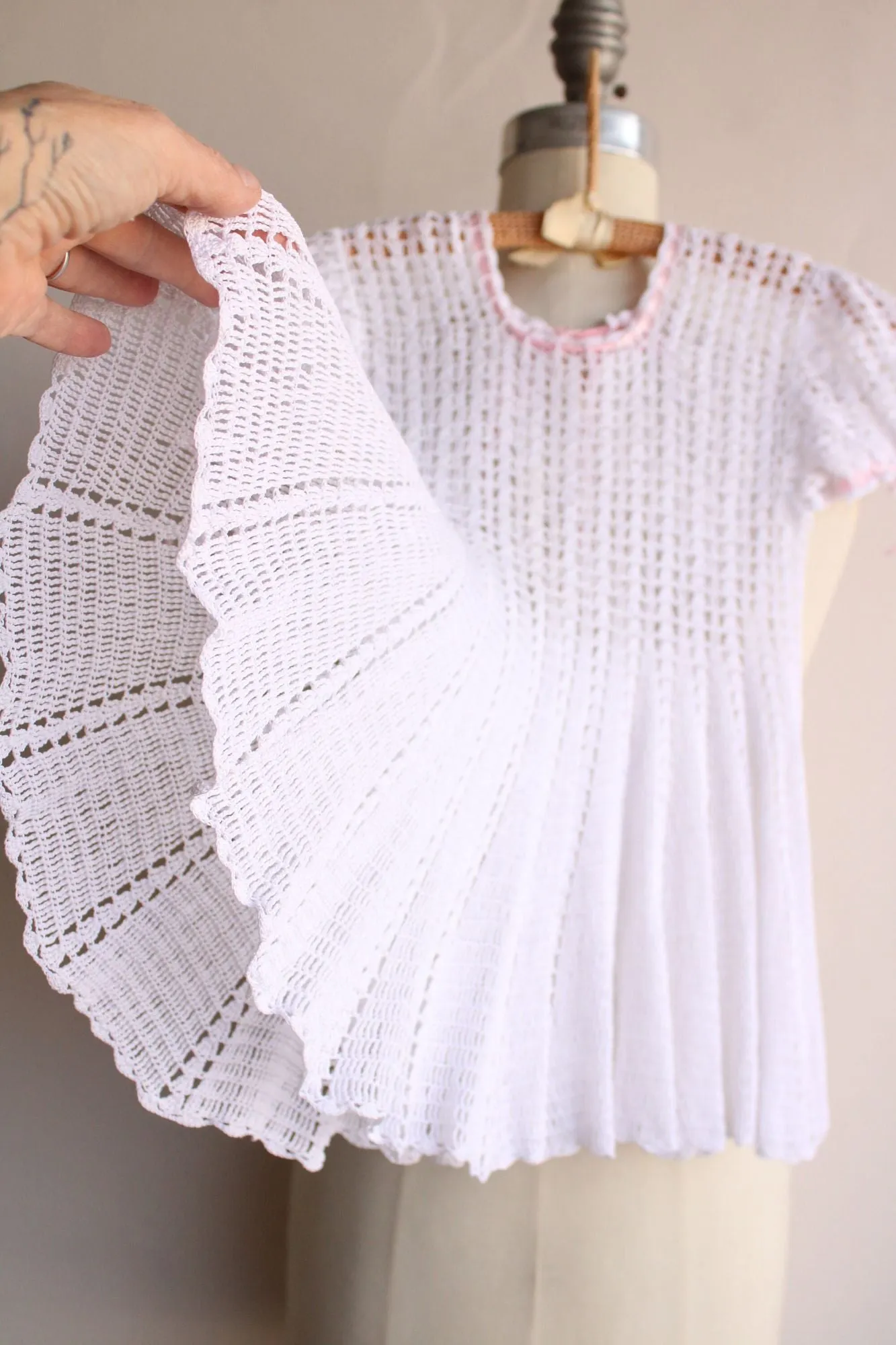 Vintage Baby Dress, White Crochet with Pink Ribbon Trim