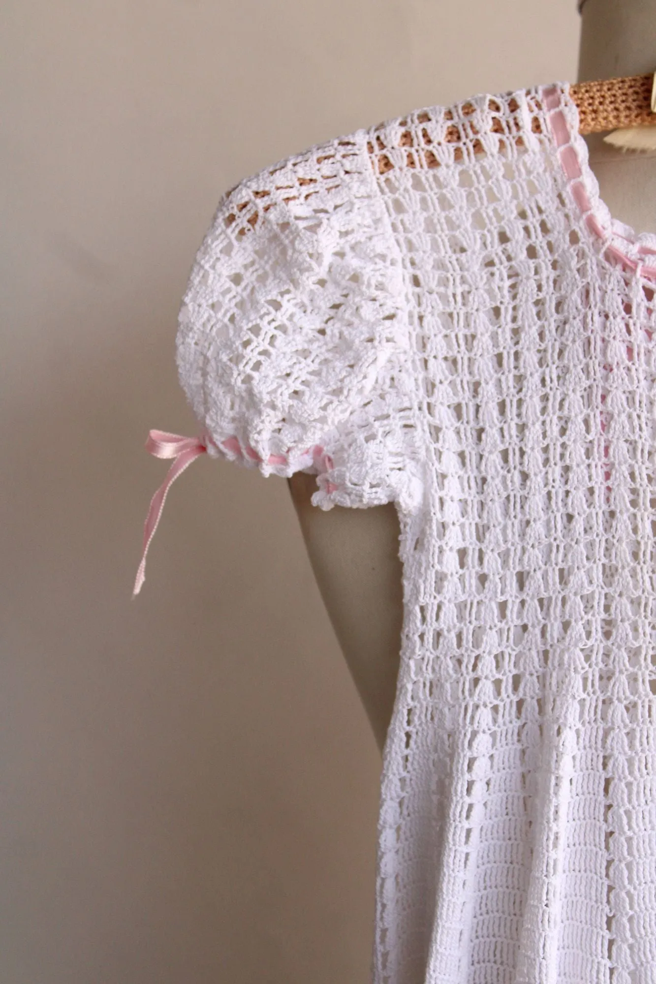 Vintage Baby Dress, White Crochet with Pink Ribbon Trim