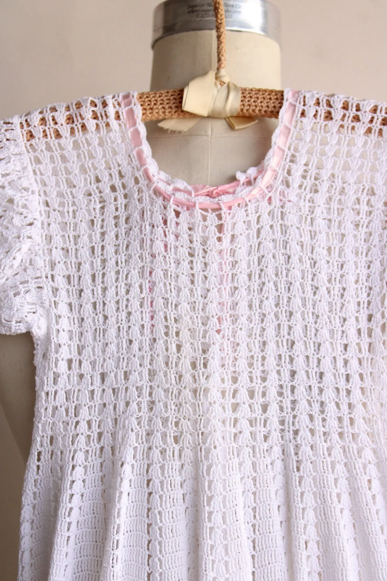 Vintage Baby Dress, White Crochet with Pink Ribbon Trim