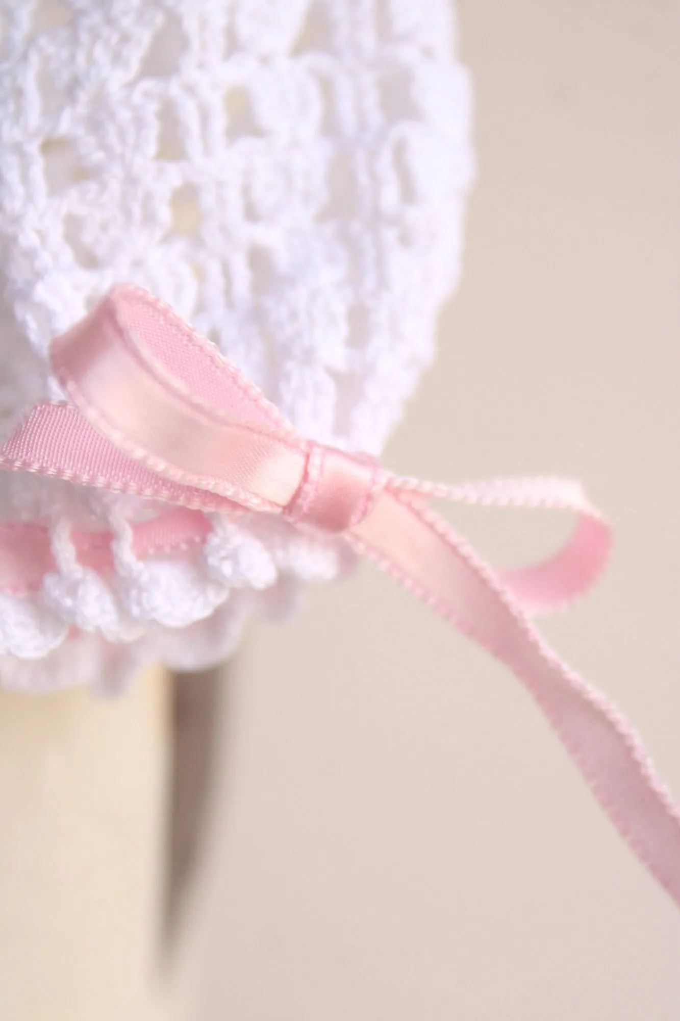 Vintage Baby Dress, White Crochet with Pink Ribbon Trim