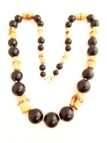 Vintage Bamboo and Black Bead Necklace - A Chic Tribute to Nature's Artistry