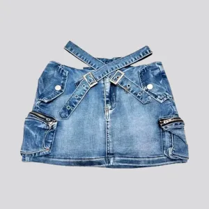 Vintage belted-waistline jean skort