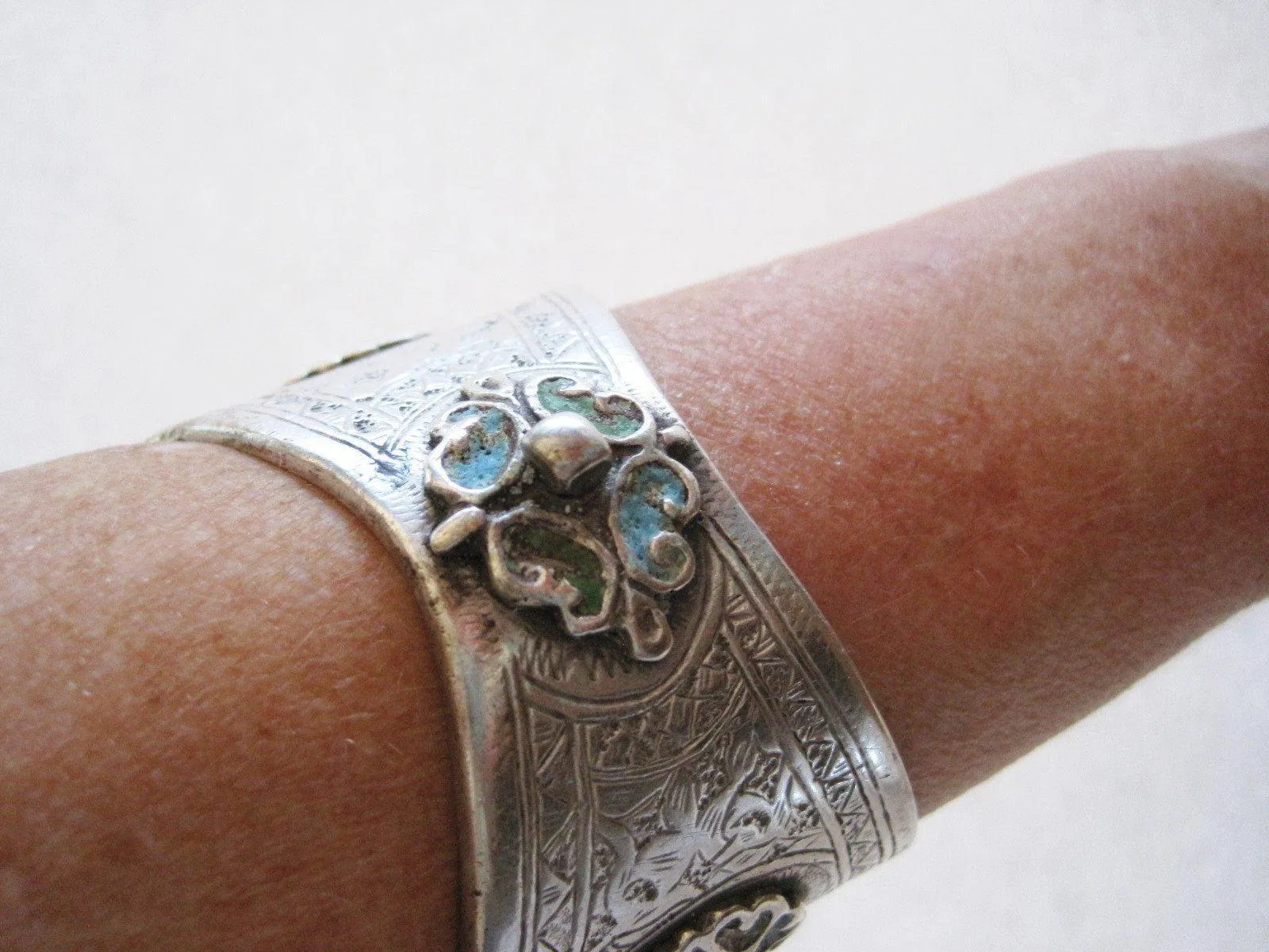 Vintage Berber Enamel and Silver Moroccan Flared Cuff