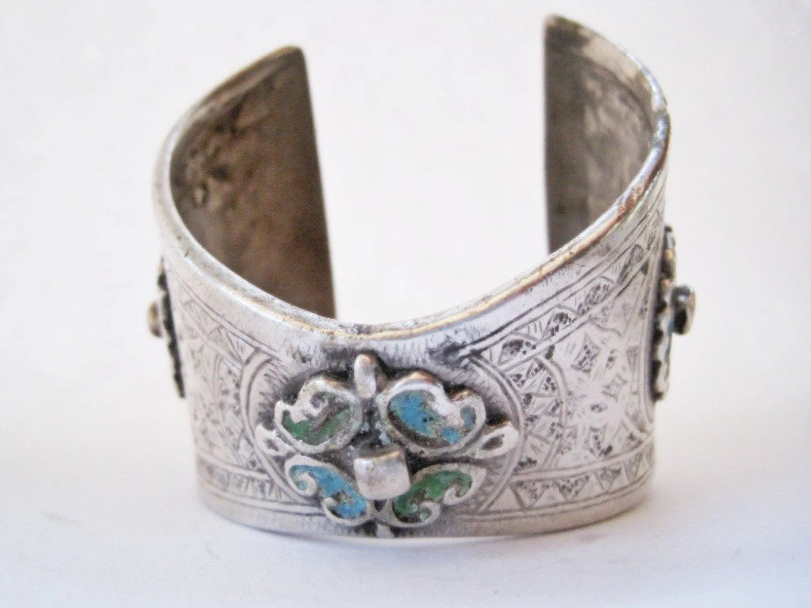 Vintage Berber Enamel and Silver Moroccan Flared Cuff