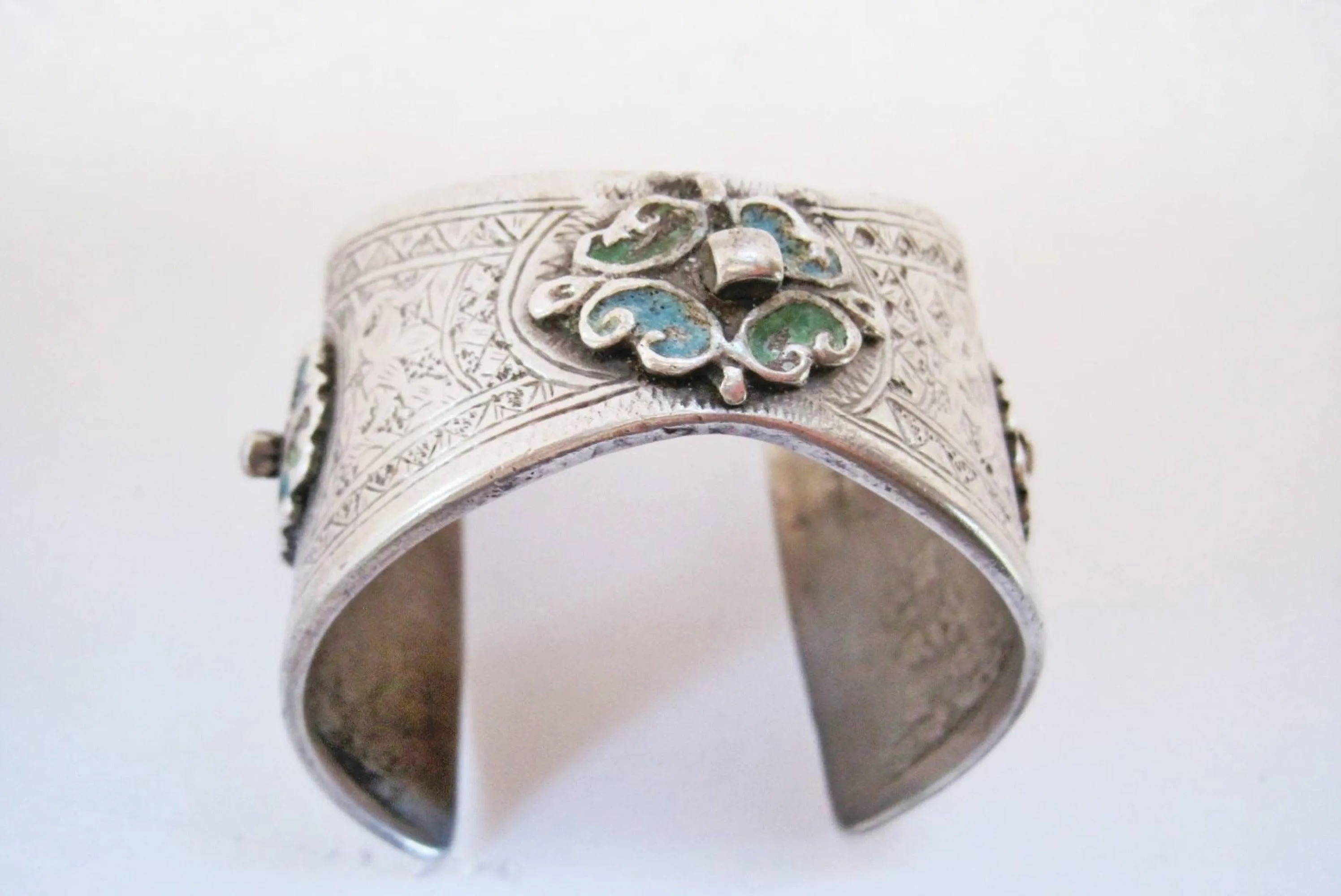 Vintage Berber Enamel and Silver Moroccan Flared Cuff