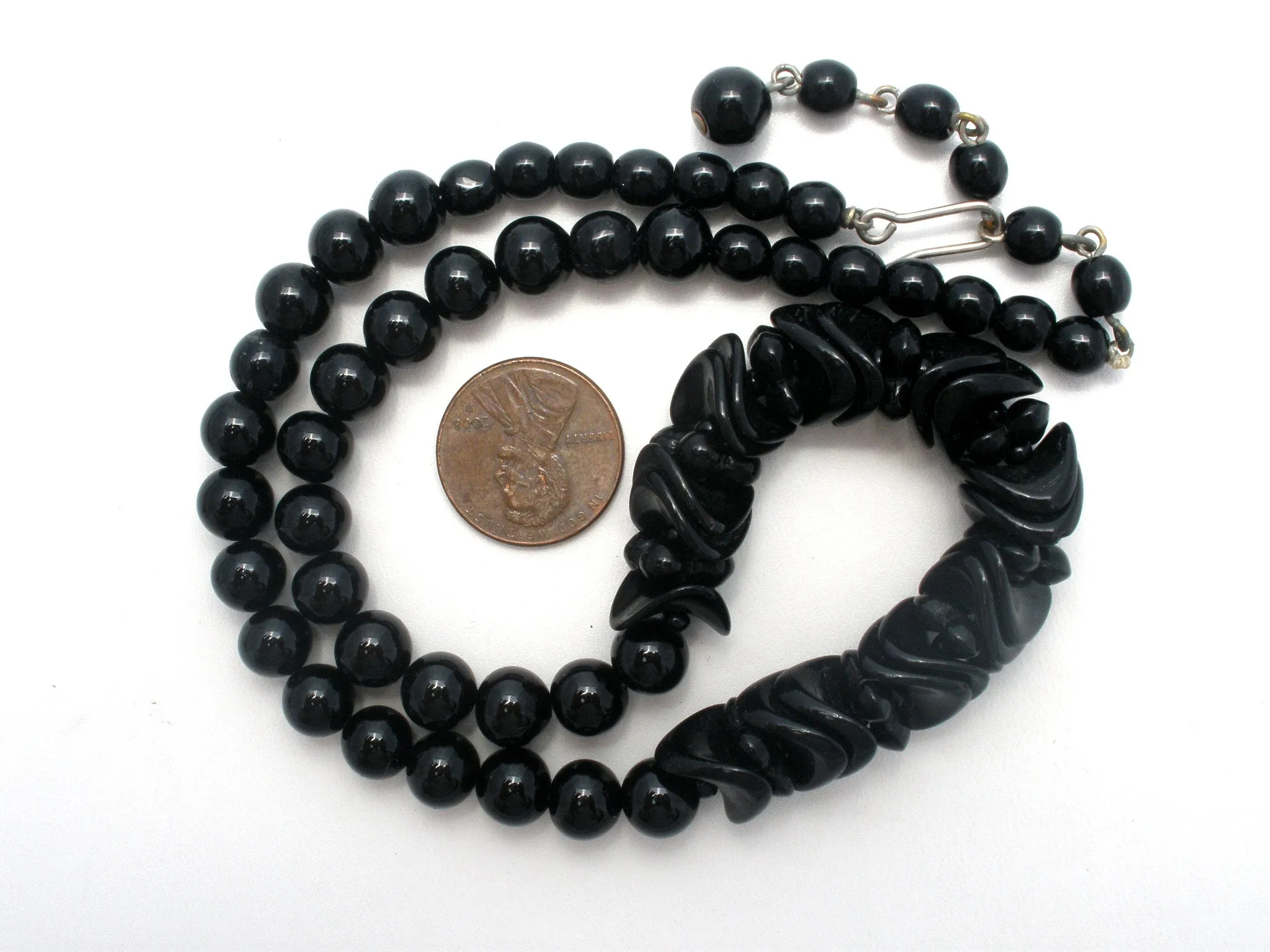 Vintage Black Glass Bead Necklace 19"