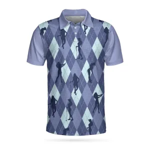 Vintage Blue Palatte Girl Golf Polo Shirt, Argyle Pattern Girl Golfer Silhouette Polo Shirt, Fun Golf Shirt For Men Coolspod