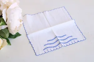 Vintage Blue VIne Embroidery on White Cotton Handkerchief