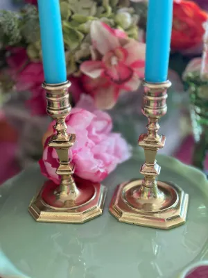 Vintage Brass Candlesticks, Pair, Octagon Base