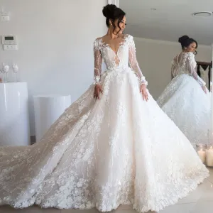 Vintage Bridal Gown Long Sleeve Lace Ball Gown Wedding Dresses Luxury Flower Chapel Train