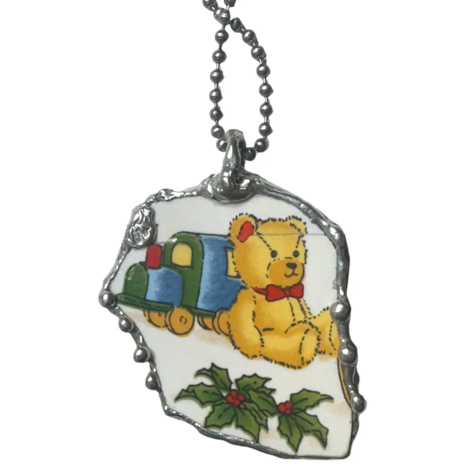 Vintage Broken China Teddy Bear with  Christmas Presents  & Holly Pendant