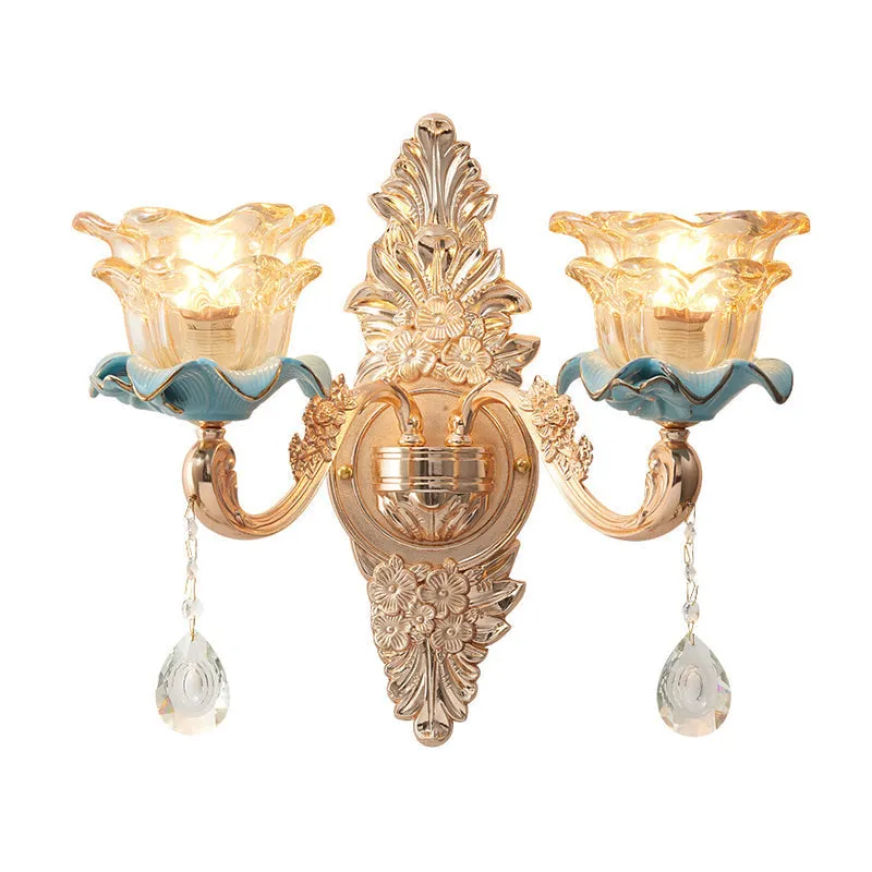 Vintage Brown Glass Floral Wall Light with Gold Ruffle and Crystal