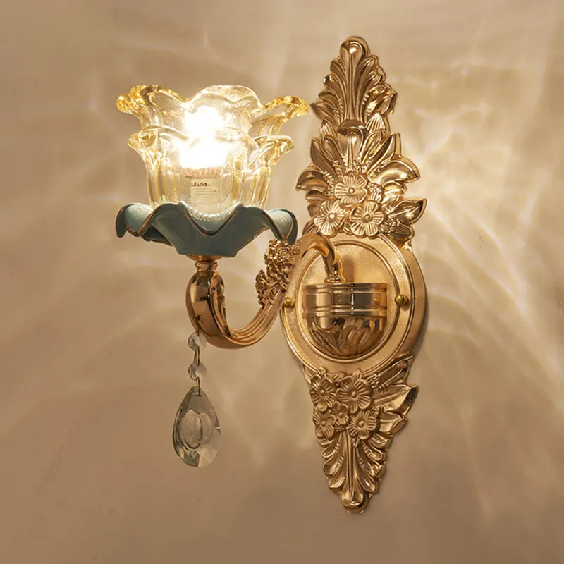 Vintage Brown Glass Floral Wall Light with Gold Ruffle and Crystal