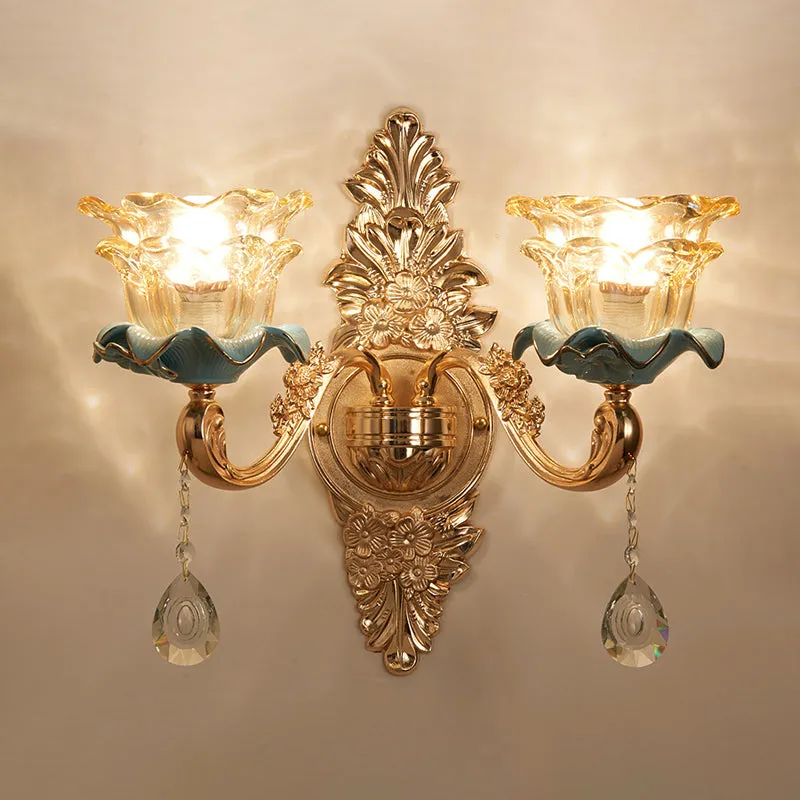 Vintage Brown Glass Floral Wall Light with Gold Ruffle and Crystal