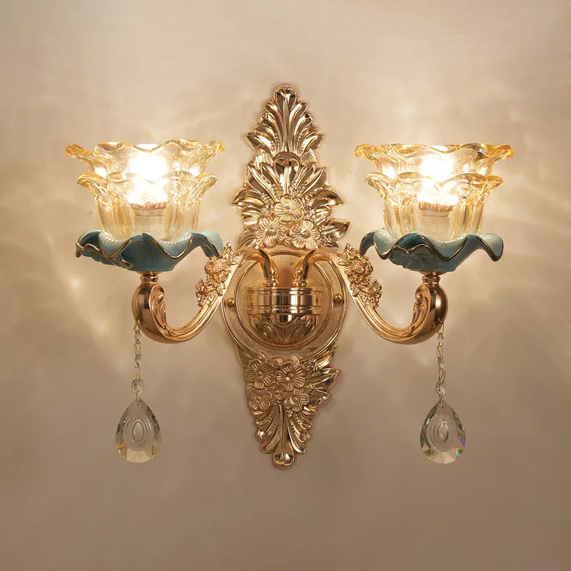 Vintage Brown Glass Floral Wall Light with Gold Ruffle and Crystal