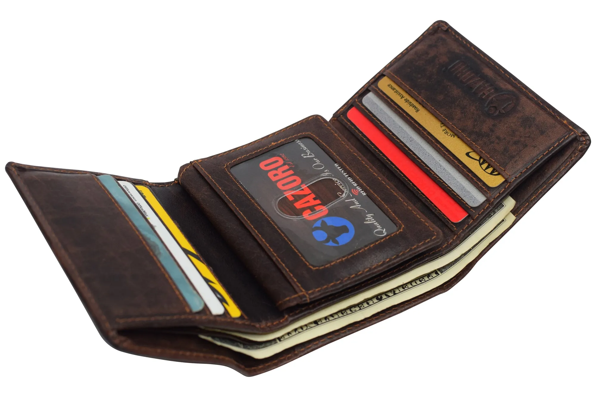 Vintage Buffalo Leather Men's RFID Trifold Wallet With Double ID Windows