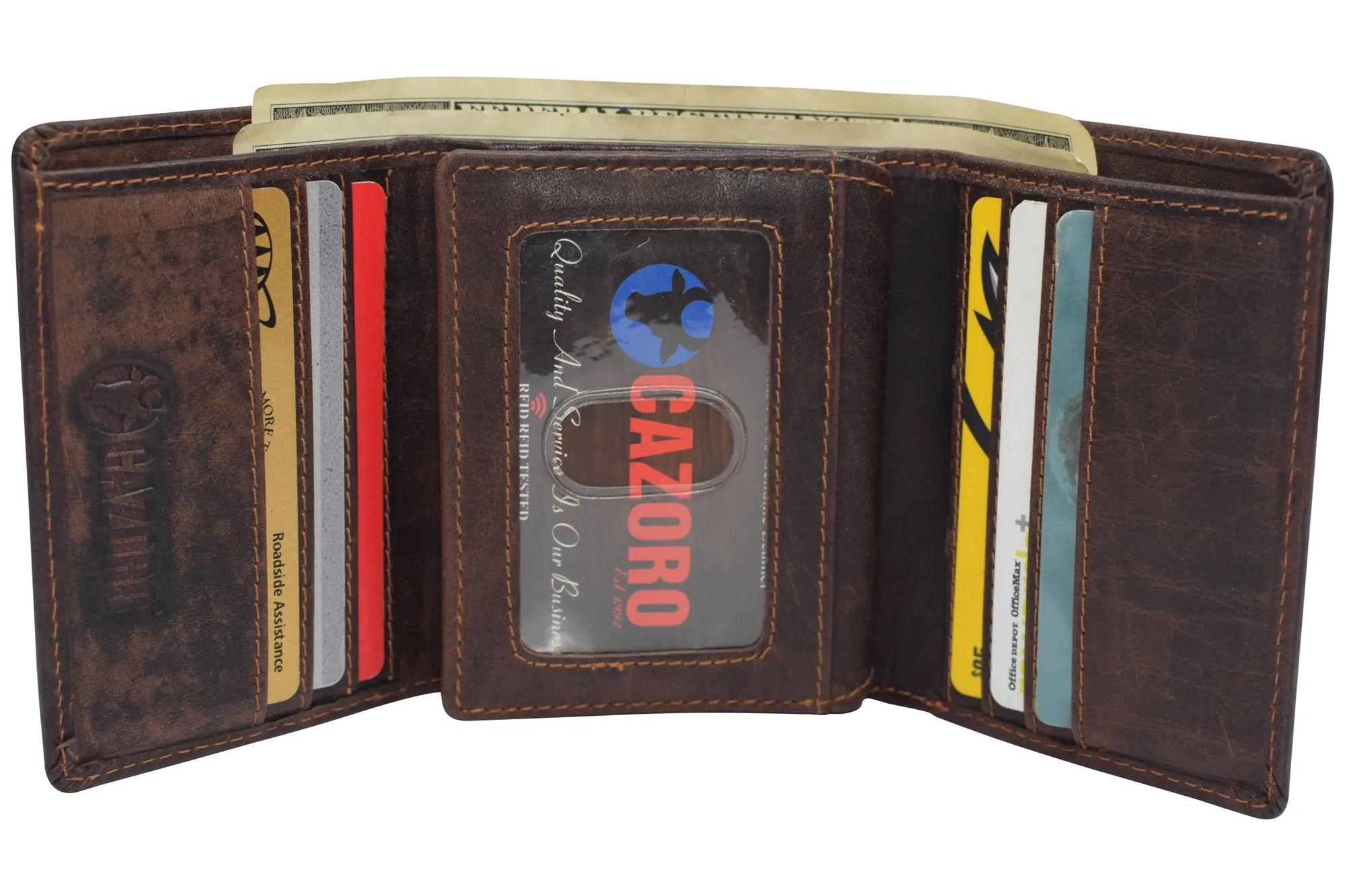 Vintage Buffalo Leather Men's RFID Trifold Wallet With Double ID Windows