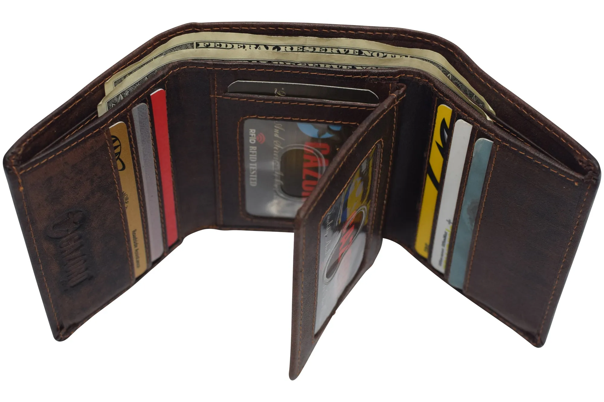 Vintage Buffalo Leather Men's RFID Trifold Wallet With Double ID Windows