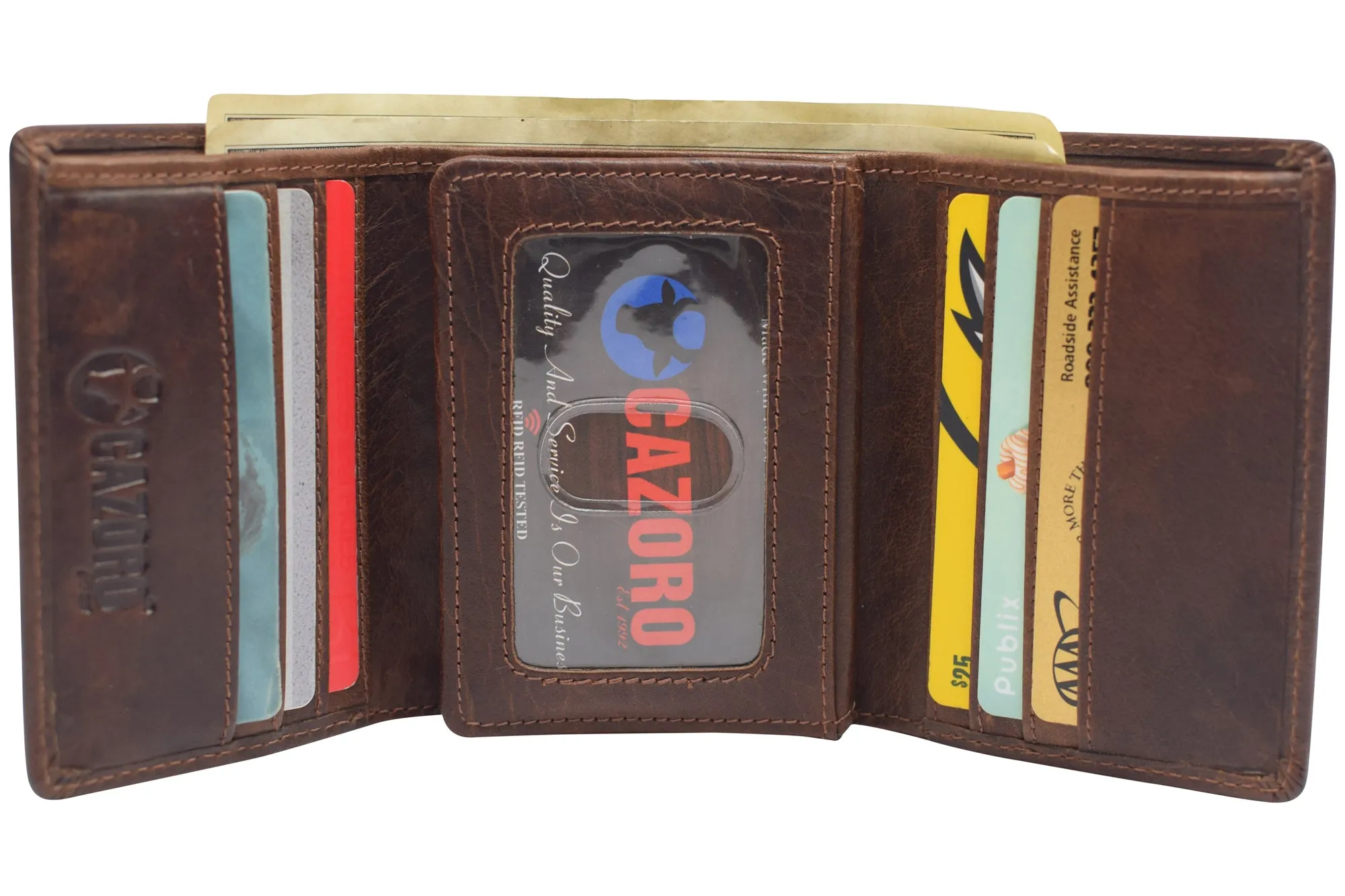 Vintage Buffalo Leather Men's RFID Trifold Wallet With Double ID Windows