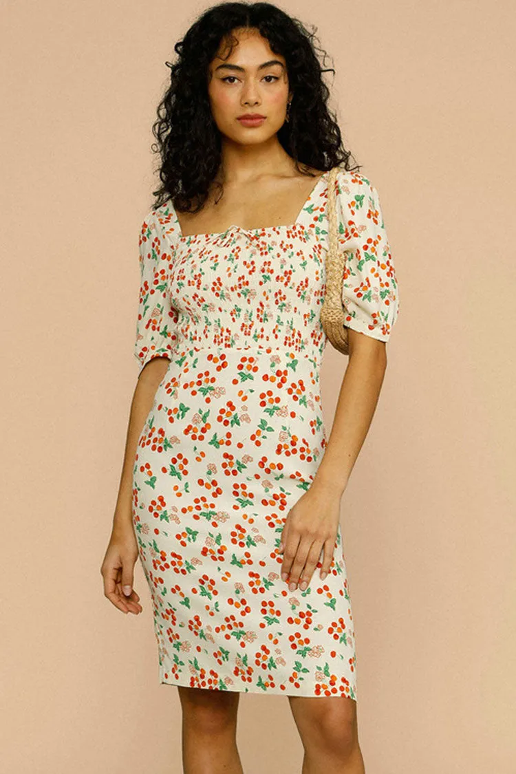 Vintage Cherry Print Puff Sleeve French Printed Midi Dress - Cream