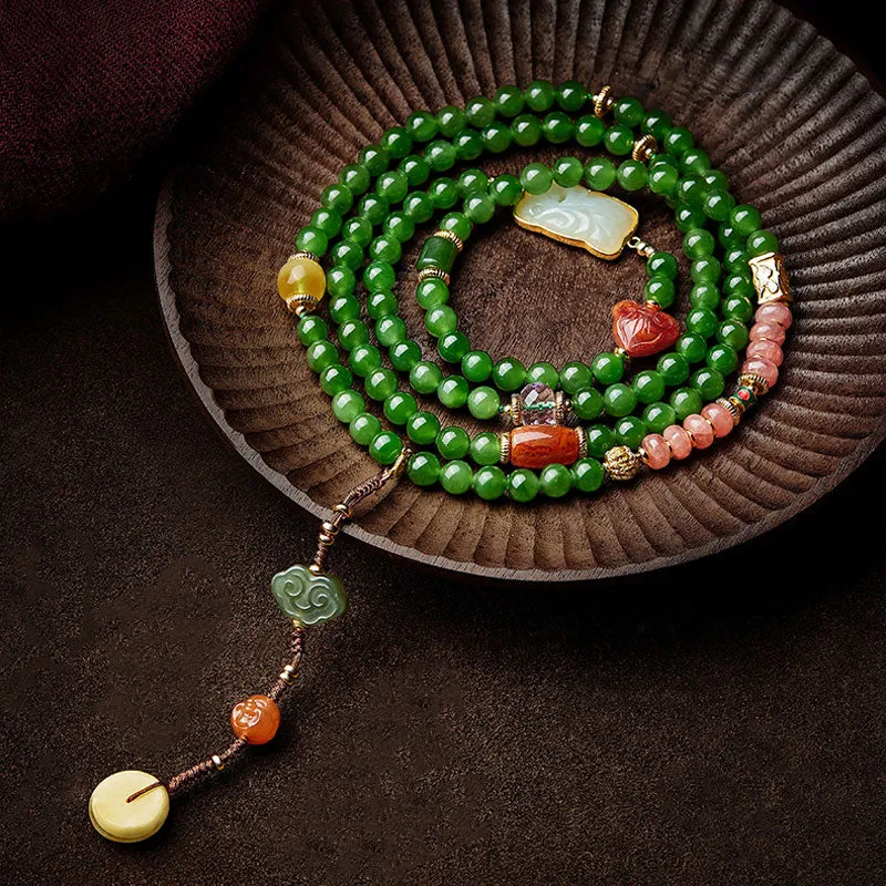 Vintage Chinese Style Spinach Green Natural Jade Beaded Necklace with Multi-Gemstone