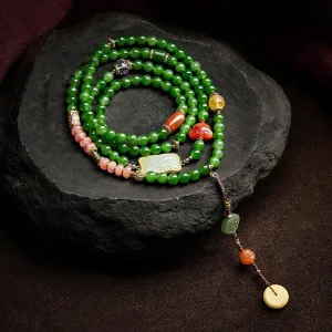 Vintage Chinese Style Spinach Green Natural Jade Beaded Necklace with Multi-Gemstone