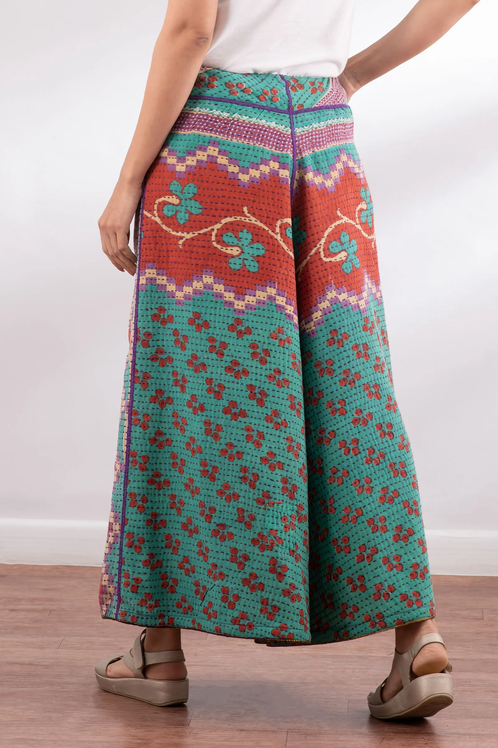 VINTAGE COTTON BBK KANTHA WIDE LEG PANTS