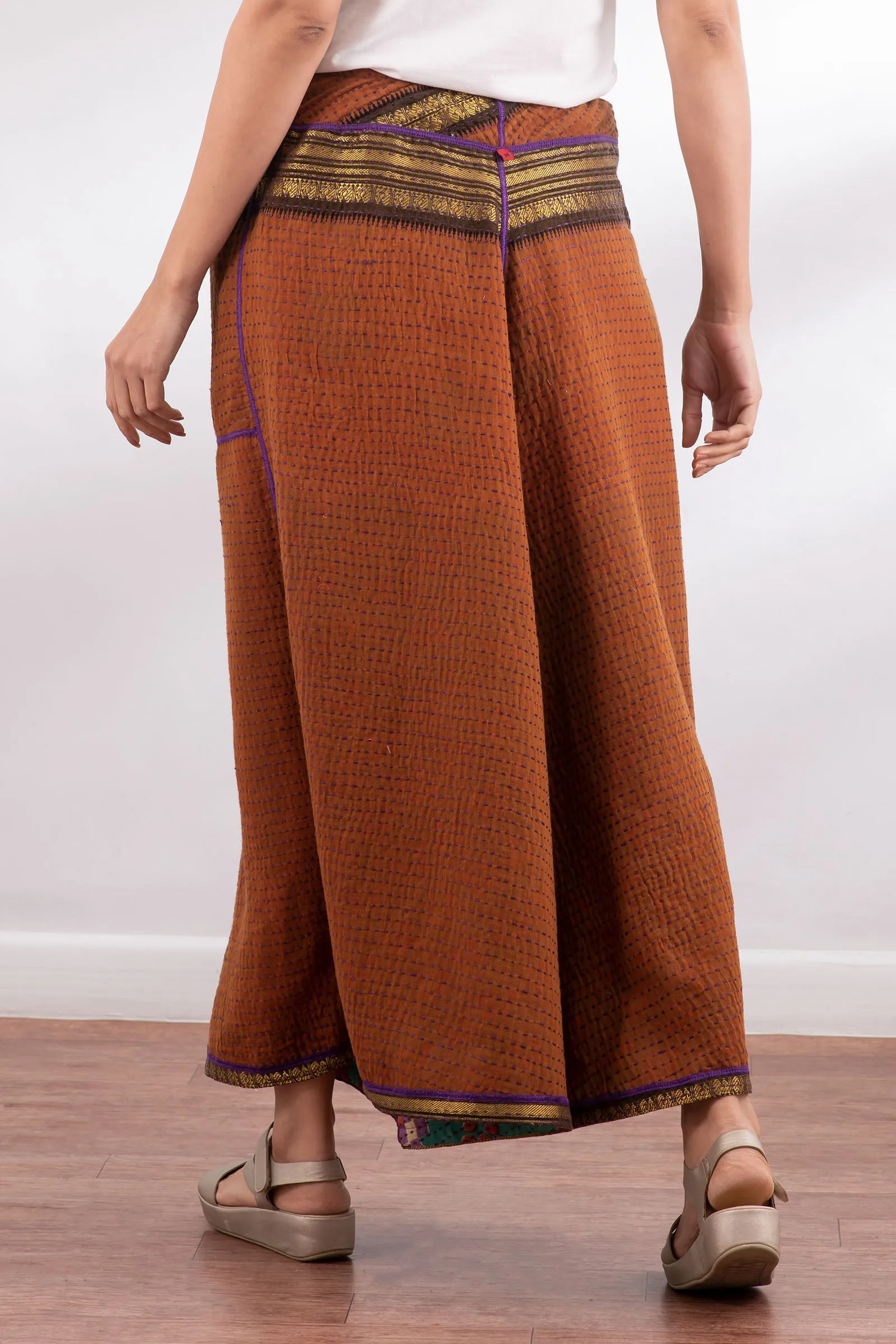 VINTAGE COTTON BBK KANTHA WIDE LEG PANTS