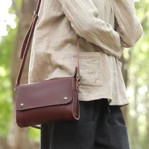 Vintage Cowhide Two Magnetic Buckles Red Brown Shoulder Bag For Women