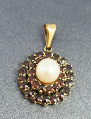 Vintage Cultured Pearl & Garnet Pendant with Rolled Gold